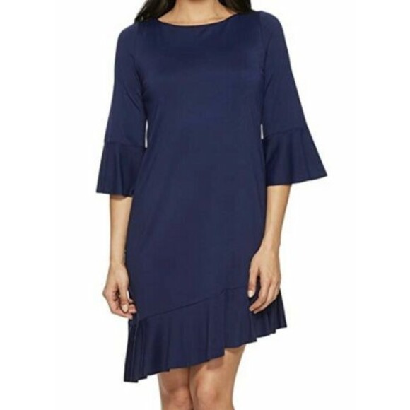 NEW Susana Monaco Cecelie Ruffle Asymmetric  3/4 Sleeve Dress  S Deep Sea  Blue - Picture 1 of 5